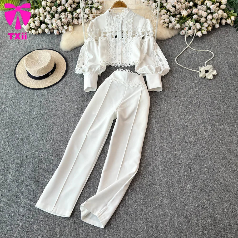 Maxy Vintage court style lantern long sleeve stand collar hollow lace top two-piece high waist temperament professional cropped pants