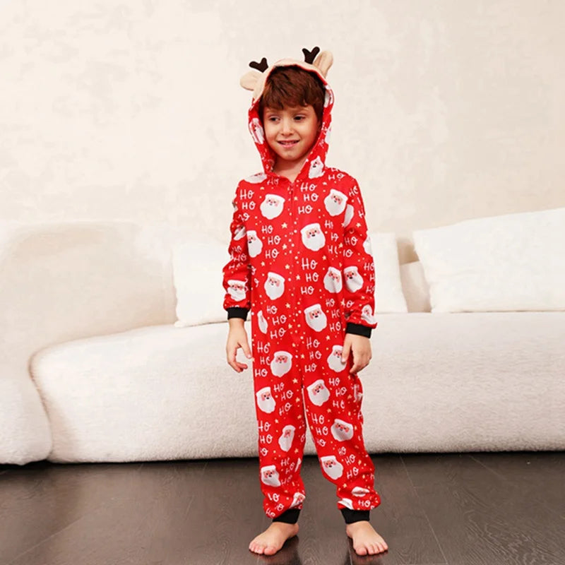 New Christmas Gift for Family Pajamas Cute Deer Ear Hooded Jumpsuit Mother Father Kids Baby Outfit Rompers Xmas Family Look Set