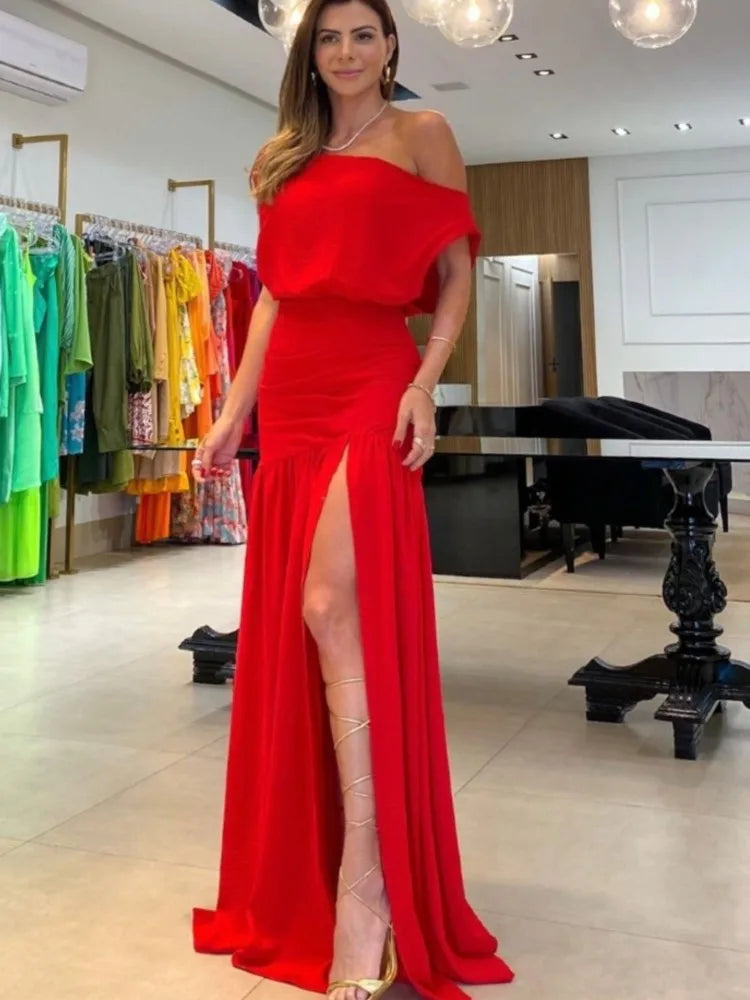 Maxy Elegant Women's Red Black Off Shoulder Party Maxy Dress Summer Sexy One-line Neck Raglan Sleeve Slit Holiday Dresses Robe