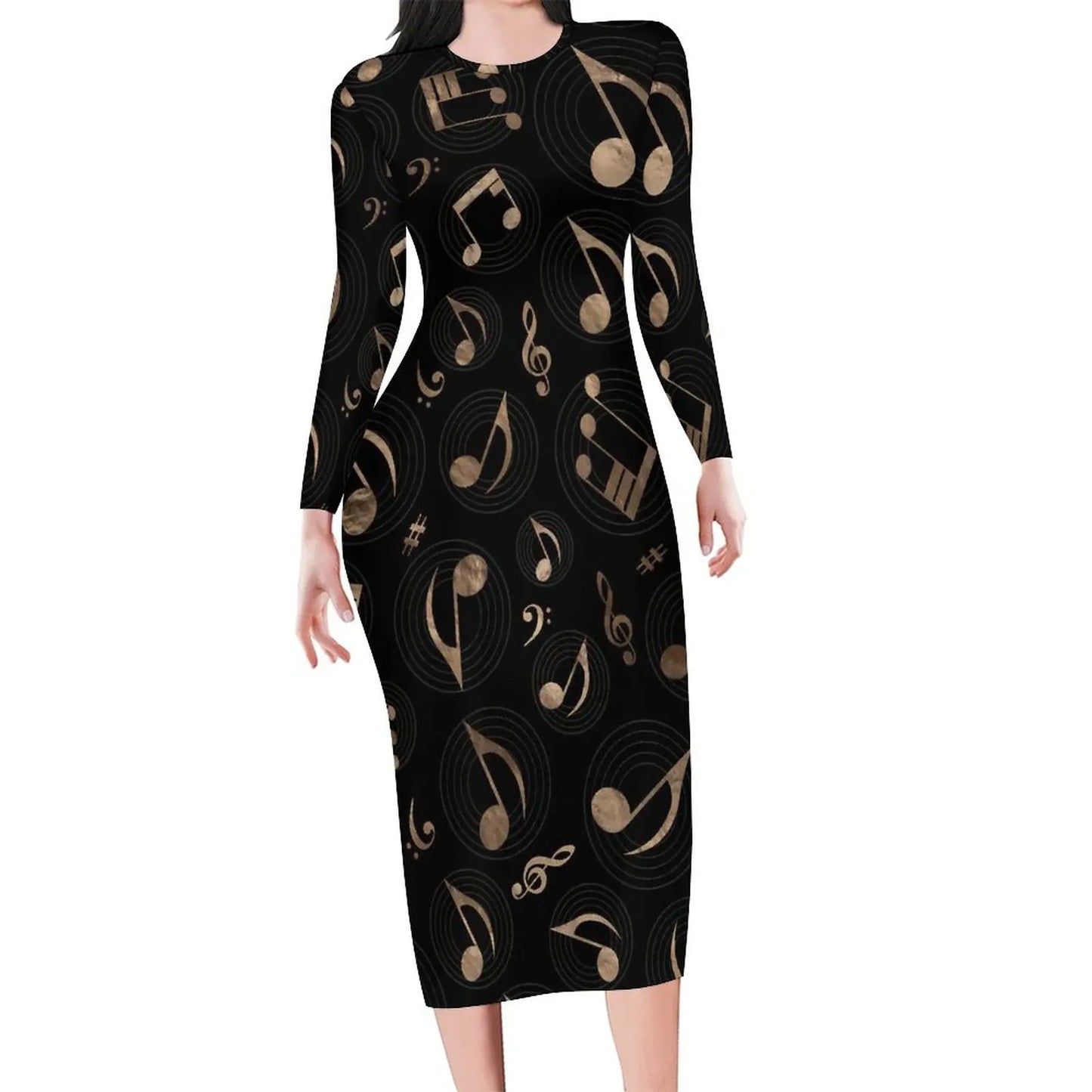 Amay Rainbow Music Notes Dress Long Sleeve Retro Print Kawaii Dresses Autumn Ladies Aesthetic Custom Bodycon Dress 3XL 4XL 5XL
