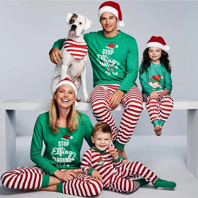 New Christmas printing family long-sleeved pajamas set home dress Christmas green family pajamas a family of three and four