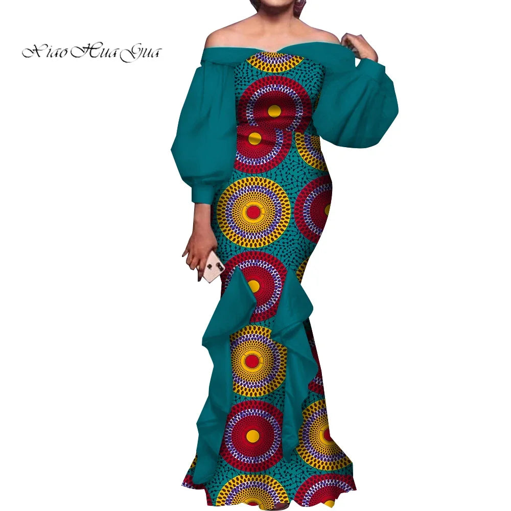 Amay Fashion Women Ankara Dresses Flash Neck Puff Sleeve Long Dress African Dress Robe Africaine Femme Evening Mermaid Dress WY1848