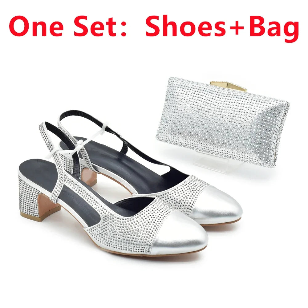 Maxy Silver Shoe and Bag Set for Party in Women Shoes and Bags Set for Women 2024 Italian African Women Wedding Shoes with Rhinestone