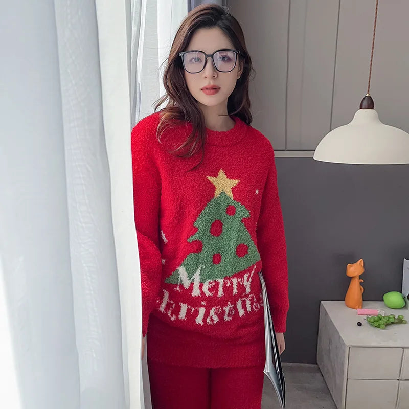 Christmas New Year Pajamas Autumn Winter Coral Velvet Nightwear Loose Casual Home Clothes Warm Knitted Loungewear Sleepwear Set