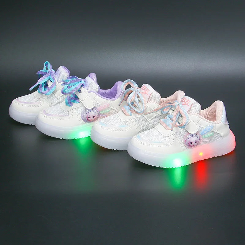 Maxy LED Kids Shoes for Girls Cute Cartoon Princess Elsa Baby Girl Kawaii Canvas Anime Shoes for Children Breathable Mesh Sneakers