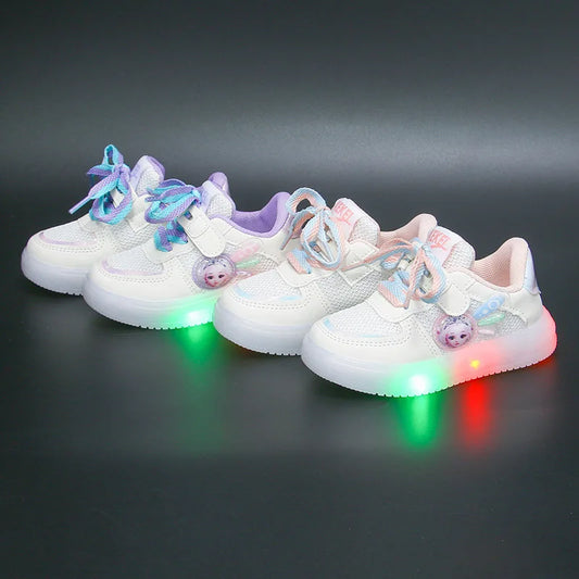 Maxy LED Kids Shoes for Girls Cute Cartoon Princess Elsa Baby Girl Kawaii Canvas Anime Shoes for Children Breathable Mesh Sneakers