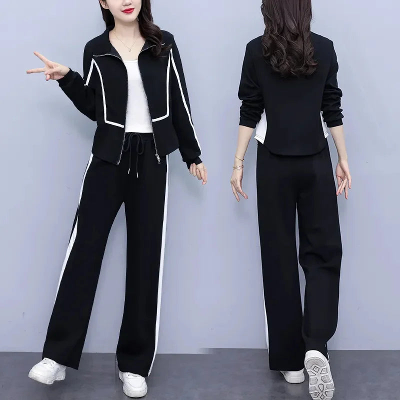 Visco Spring and Autumn New Korean Cardigan Sweater shirt Wide leg Pants A Set Loose Leisure Suits For Women In Autumn