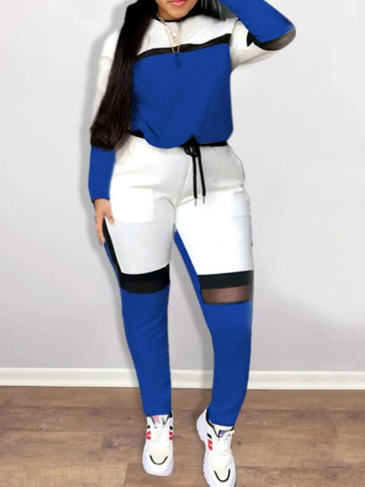 Maxy Plus Size Women Two Piece Color-lump Tracksuit Pants Set Patchwork Sporty Long Sleeve Conventional Collar Autumn Outfits