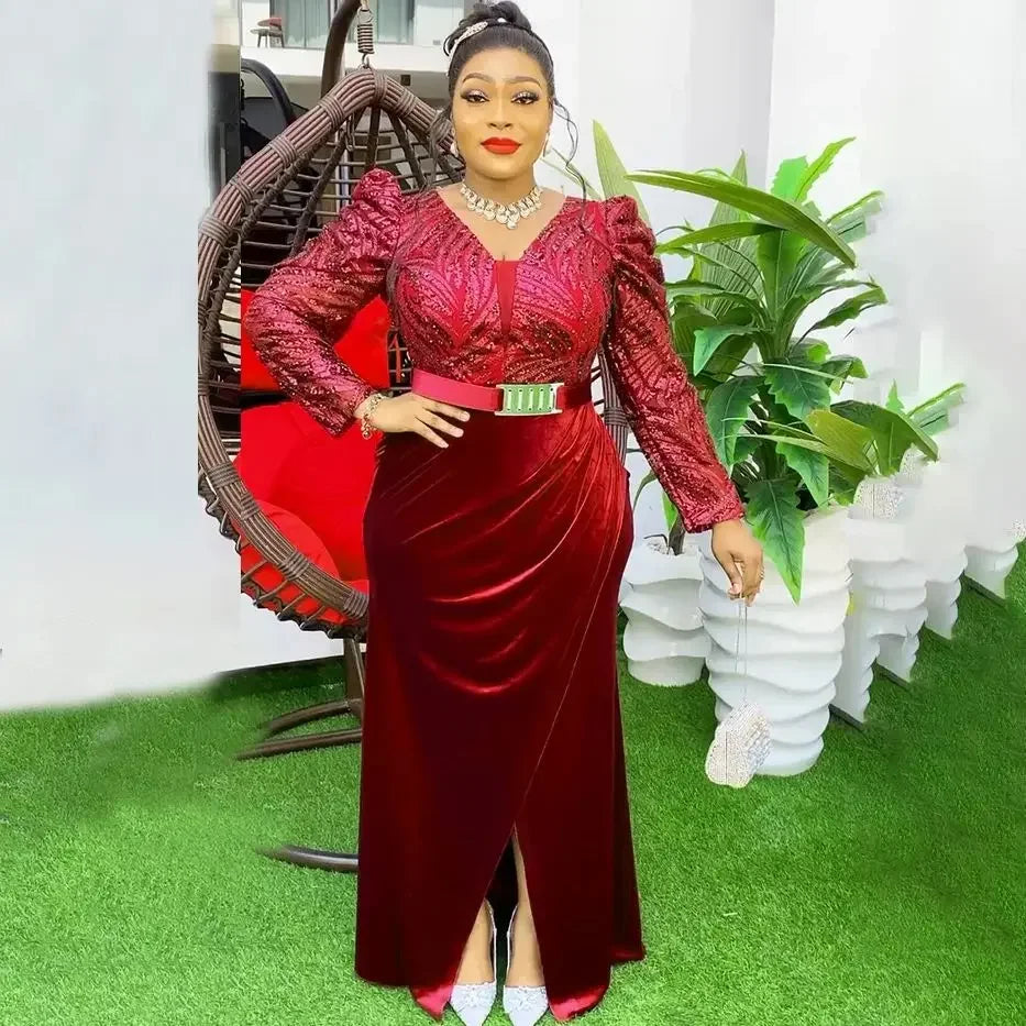 Amay Dresses for Women New Fashion Plus Size Sequin Evening Party Long Dress Dashiki Ankara Outfits Robe African Clothes