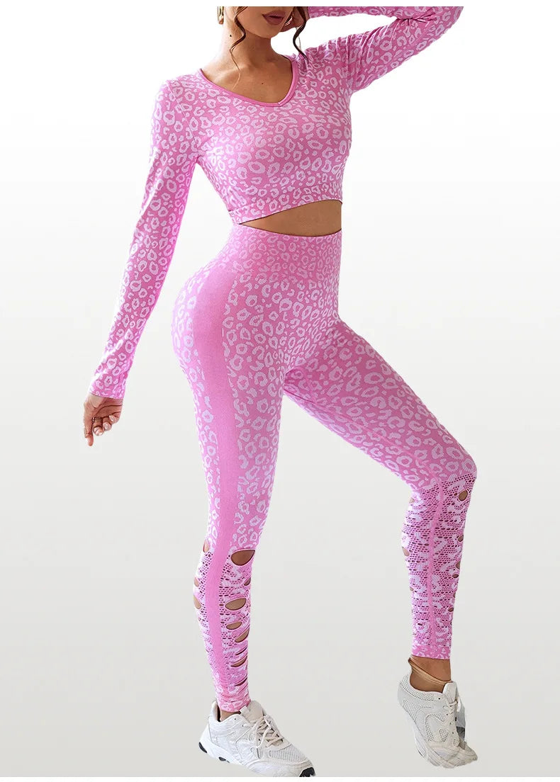 Maxy 2pcs Yoga Suit Leopard Sports Set Women Quick-Drying Gym Set Women Tracksuit Running Workout Long Sleeve Sports Shirt Clothing