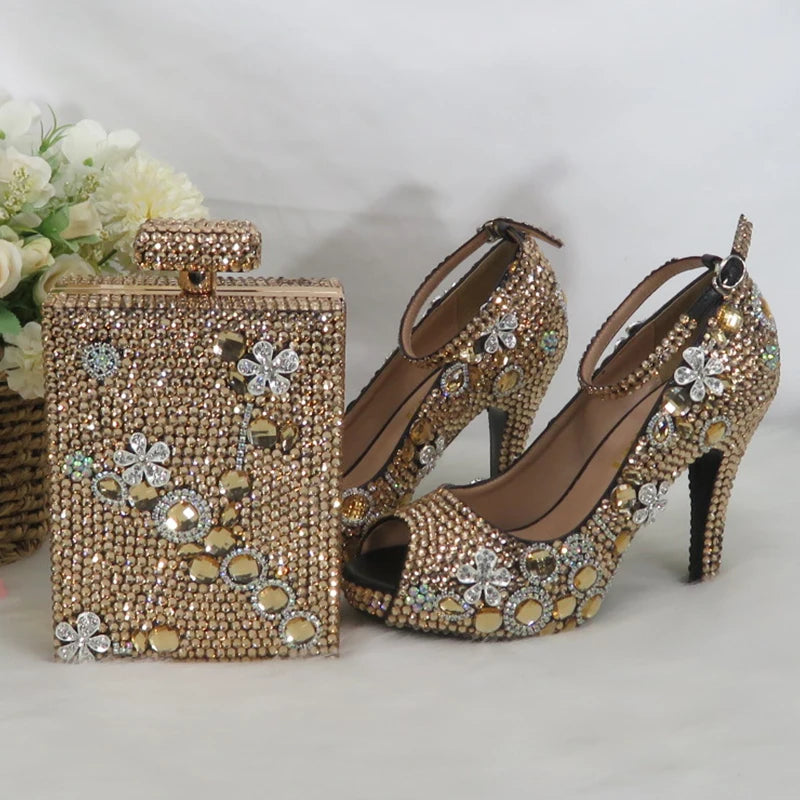 Momsey Peep Toe crystal Woman wedding shoes with matching bags Bridal fashion High Thick heel shoe Women party dress shoes Ankle Strap