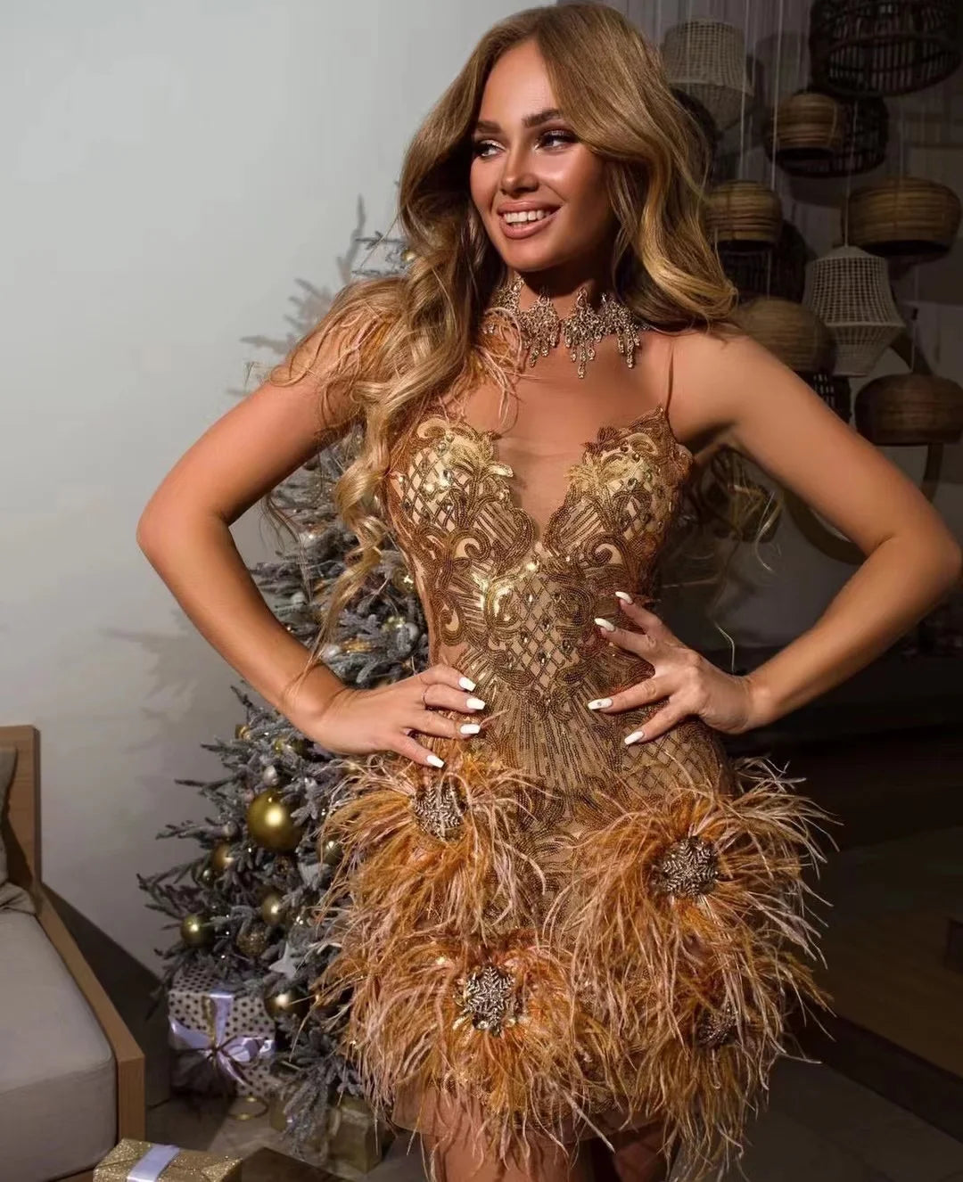 Babs High Quality Gold Feathers Sleeveless Bodycon Dress Elegant Evening Party Dress