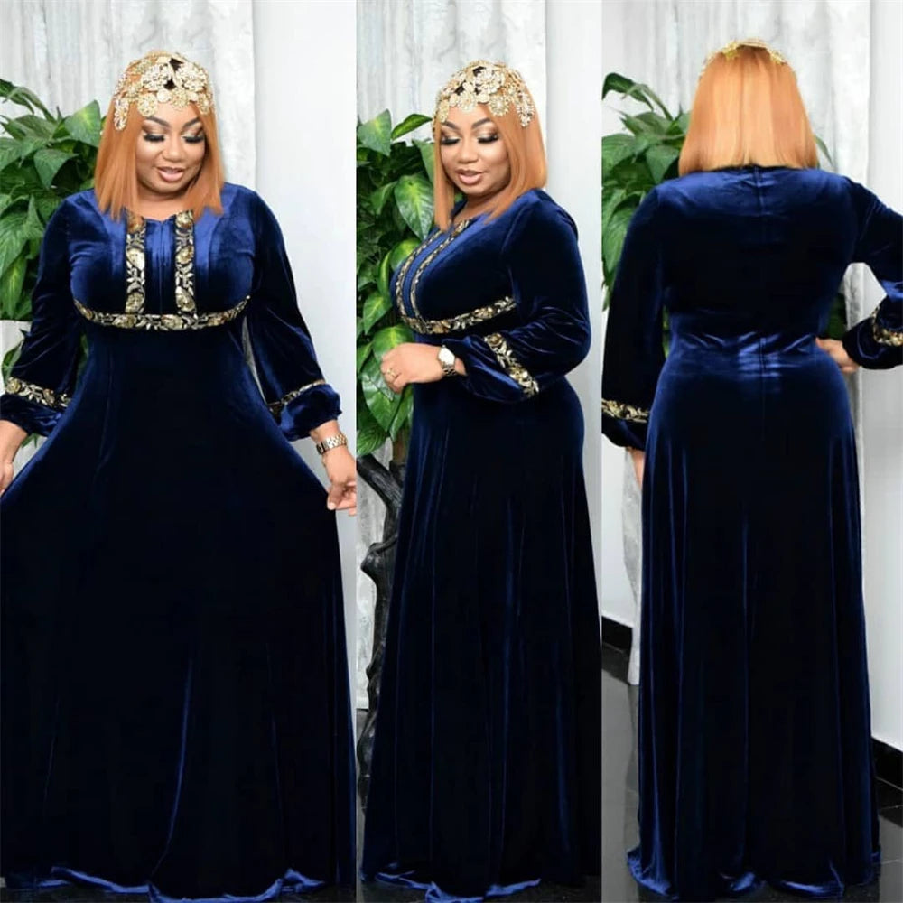 Plus Size African Dresses for Women Velvet Diamonds Evening Wedding Maxi Dress Kaftan Dubai Abaya Elegant Ankara Dashiki Robe