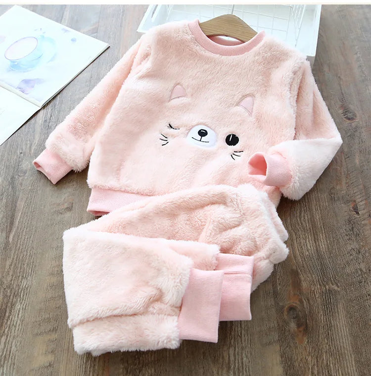 Babs Boy Girl Clothes Pajamas Set Flannel Fleece Toddler Child Warm Catoon Bear Sleepwear Kids Home Suit Winter Fall Spring 1-8Y
