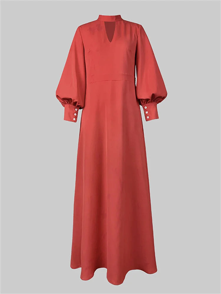 Maxy New Spring Women's Party Evening Maxy Dresses Puff Sleeves Buttoned Stand collar Hollow Elegant Red Banquet Dress