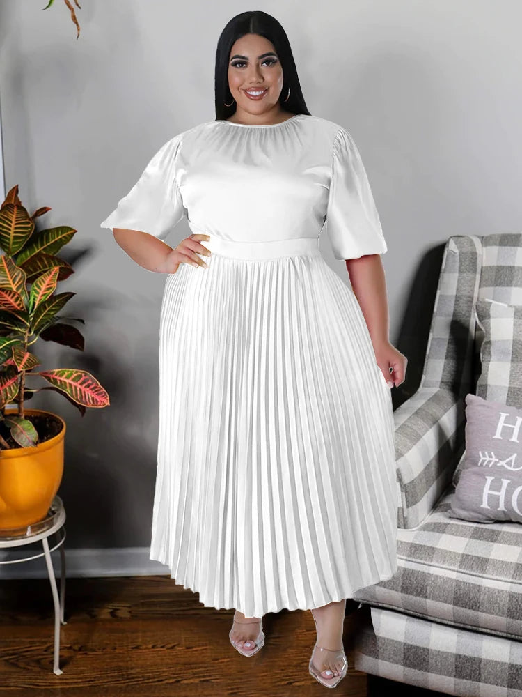 Maxy Pleated Dresses for Women Plus Size 4XL O Neck Short Sleeve A Line Summer Elegant Causal Office Wear Clubwear Plus Size Gowns