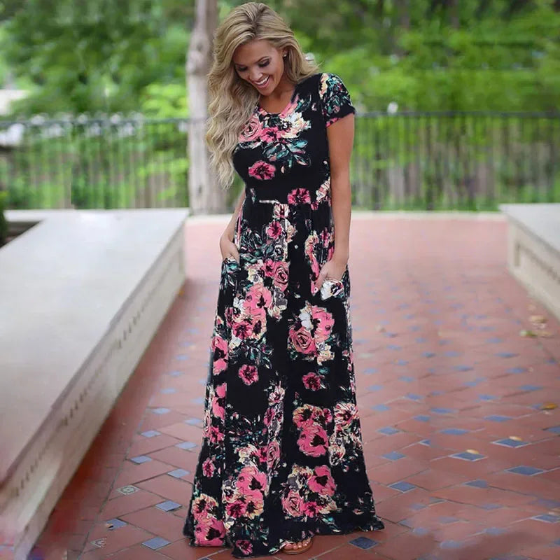 Maxy Women Summer Long Dress Floral Print Boho Beach Dress Ladies White Maxi Evening Party Dress Sundress