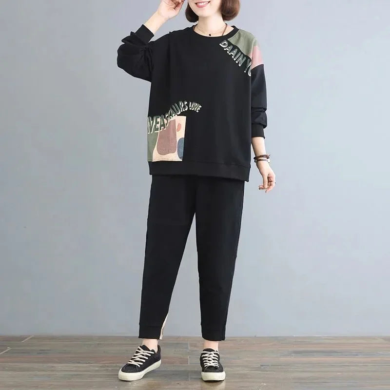 Amay Women's Leisure Sports Suit Summer New Korean Fashion Printing Loose Crop Tops Pants 2 Two Piece Sets for Women Tracksuit