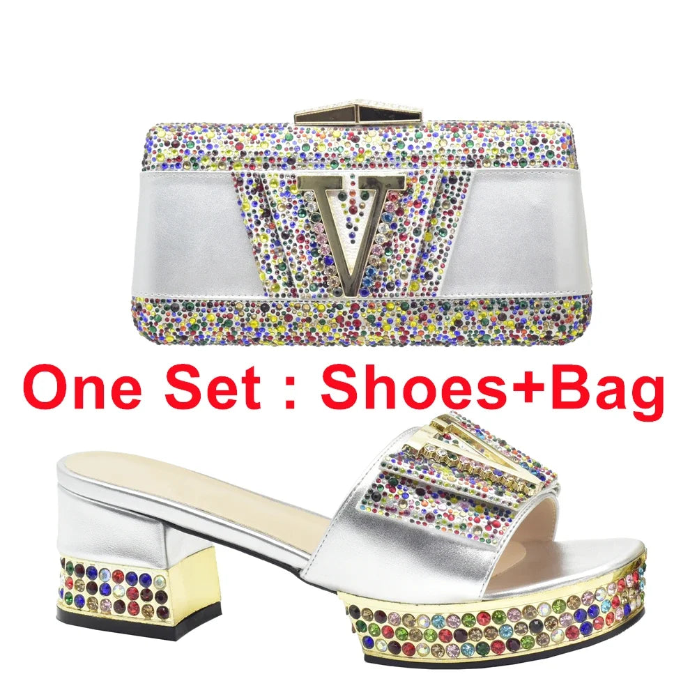 Maxy Ladies Shoes and Bags To Match Set Decorated with Rhinestone Shoes and Matching Bags Set Slip on Shoes for Women