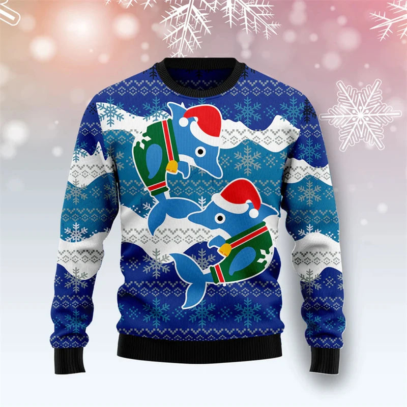Maxy New Dolphin Graphic Ugly Christmas Sweater For Men Fashion Holiday Wear 3D Printed Xmas Sweatshirts Casual Oversized Tops