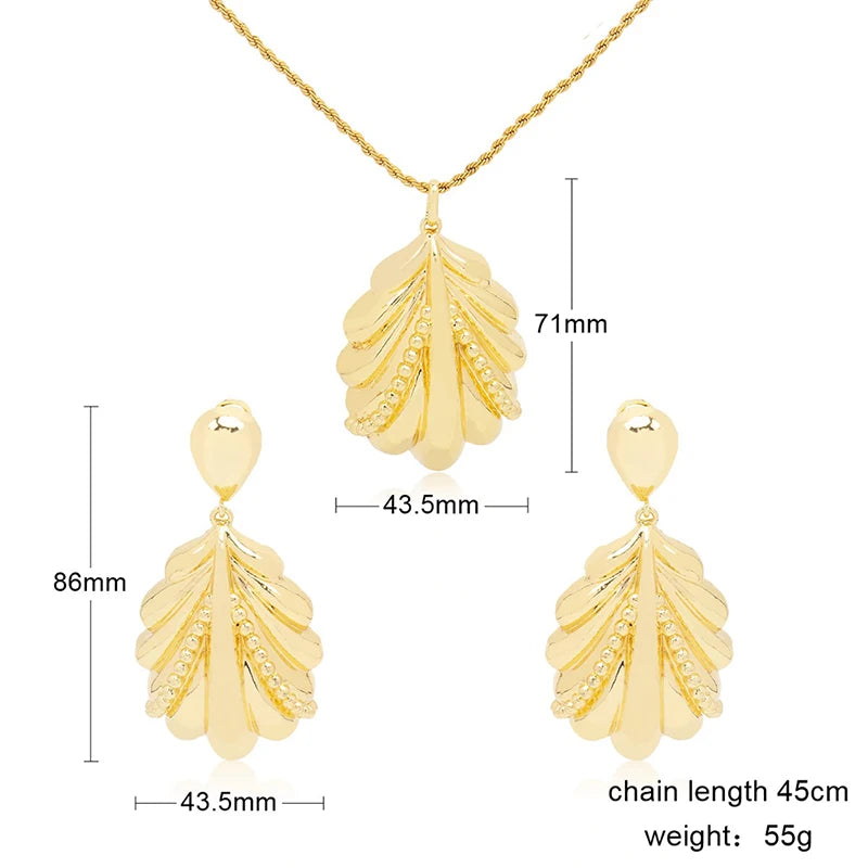 SUNNESA Leaf Shape Big Pendant Necklace Luxury Dubai Jewelry Set for Women Wedding 18k Gold Plated African Drop Earrings