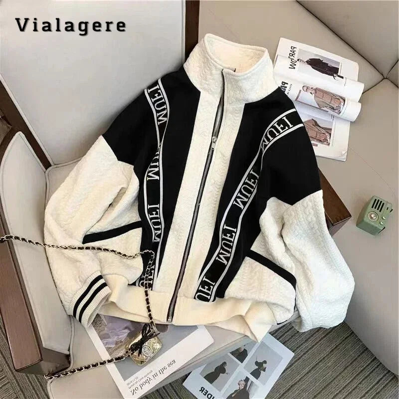 Maxy Korean Fashion Casual Vintage Two-piece Set Women Long Sleeve Patchwork Zipper Sweatshirt+Wide Leg Trousers Sets Y2K Pants Suits