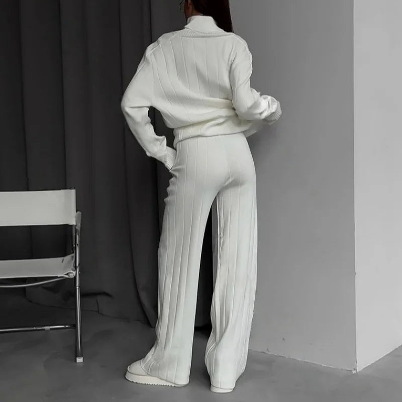 Maxy REALEFT Autumn Winter 2 Pieces Women's Sets Knitted Tracksuit Turtleneck Sweater and Straight Jogging Pant Suits Outfits