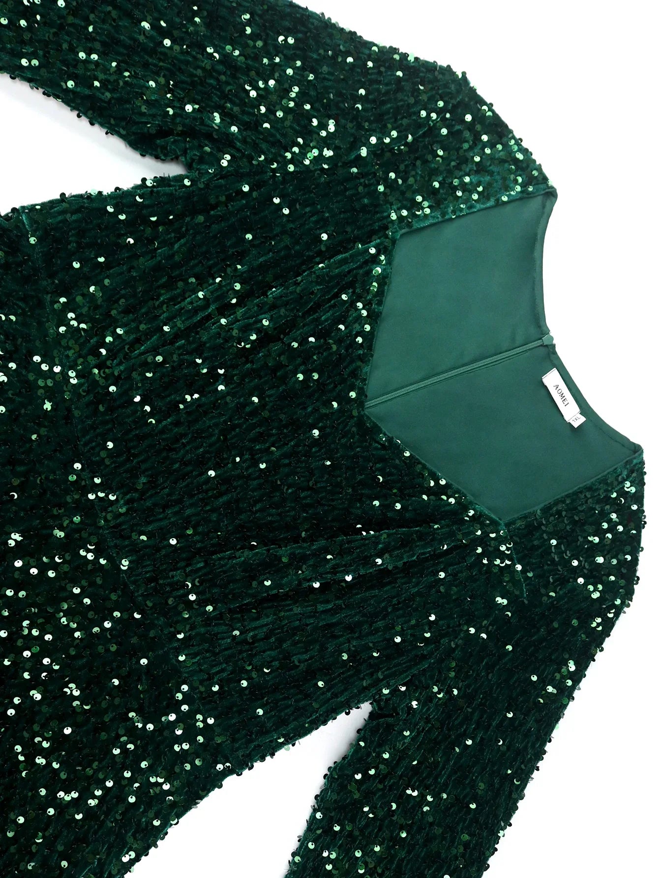 Babs Dark Green Sequins A Line Dresses for Women Long Sleeves Mesh Patchwork Ruffles Empire Simple Elegant Sparkly Shiny Female Gowns