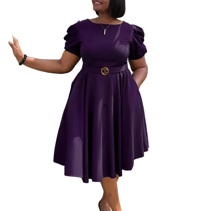 Amay Women's Long Dress Classic New Commuter Round Neck Temperament Elegant Cinched Waist Bubble Sleeve A-line Dress Retro OL