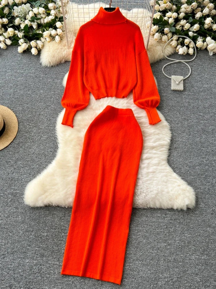 Amay Women Turtleneck Two Piece Sets Autumn Winter Long Sleeve Casual Knitted Sweater High Waisted Wrap Skirts Elgeant Tracksuits