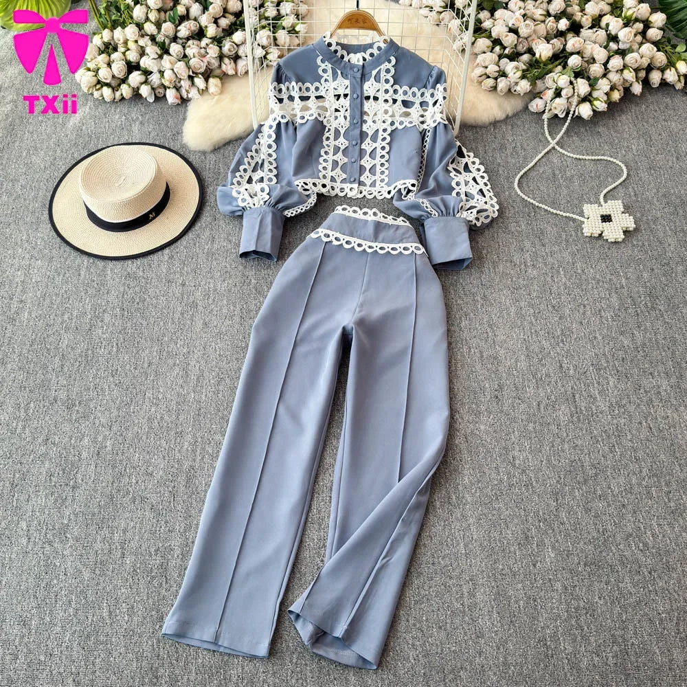 Maxy Vintage court style lantern long sleeve stand collar hollow lace top two-piece high waist temperament professional cropped pants