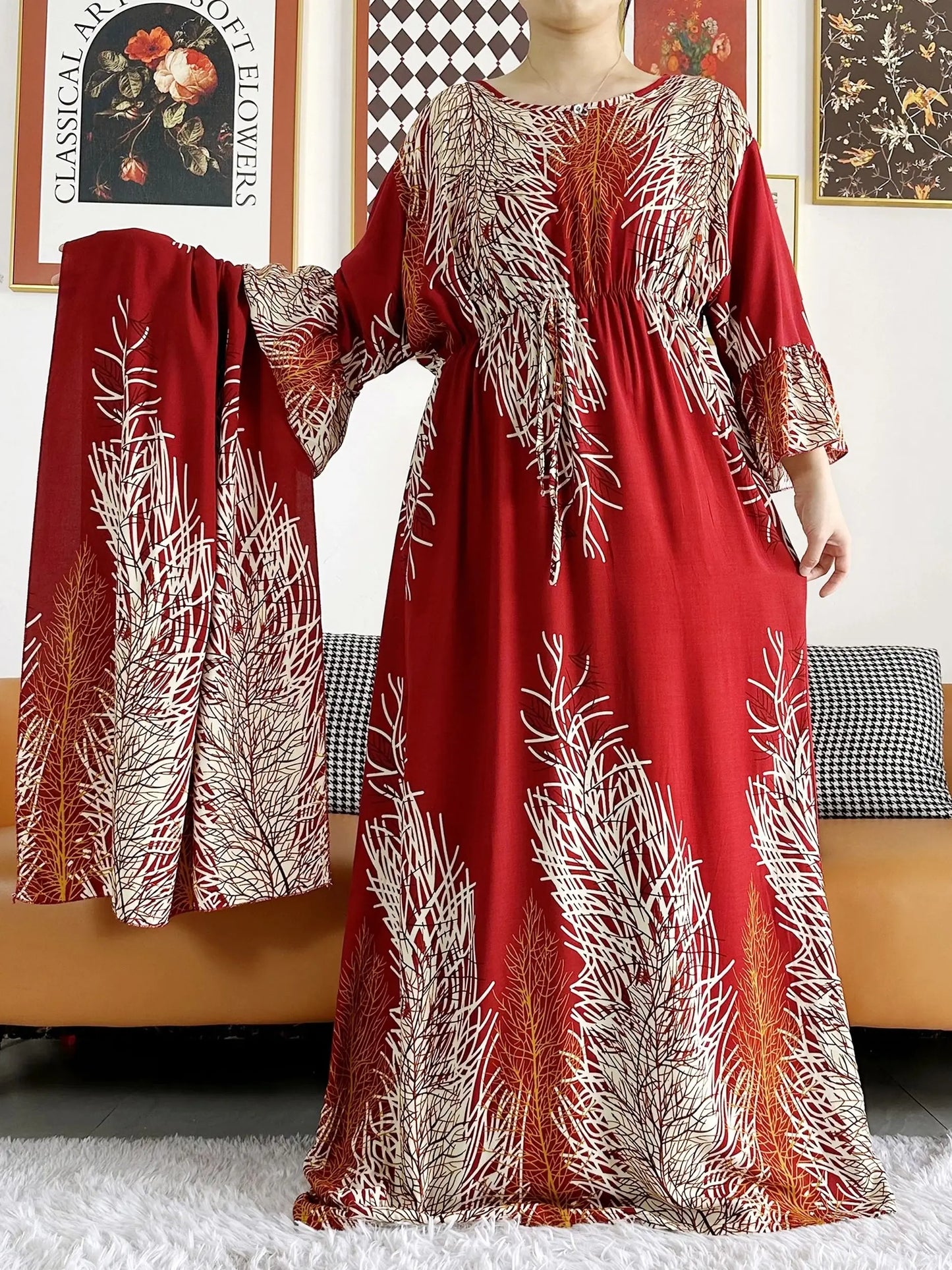 Maxy New Women Long Sleeve Dashiki Dress African Woman Print Turban Kaftan Abaya Ramadan Eid Muslim Hijab Dresses Femme Arabia dress