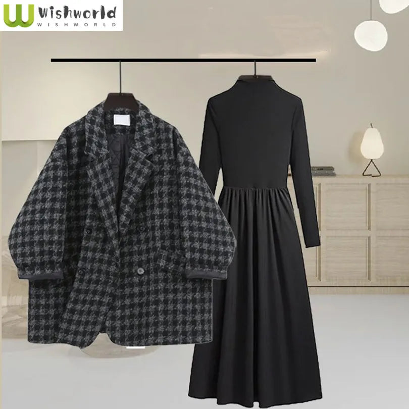Maxy Autumn and Winter Fashion Women's Suit Korean Version Thick Woolen Plaid Suit Jacket Slimming Long Sleeved Dress Two-piece Set