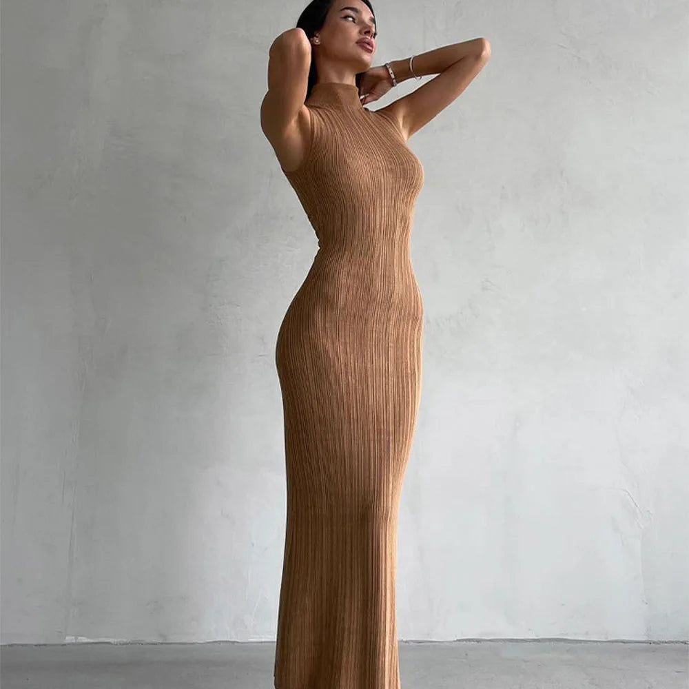 Maxy Talena Knitted Sleeveless Slim Long Dress Women's Fashion Elegant Evening Dress High Neck Solid Color Sexy Knitted Long Dress
