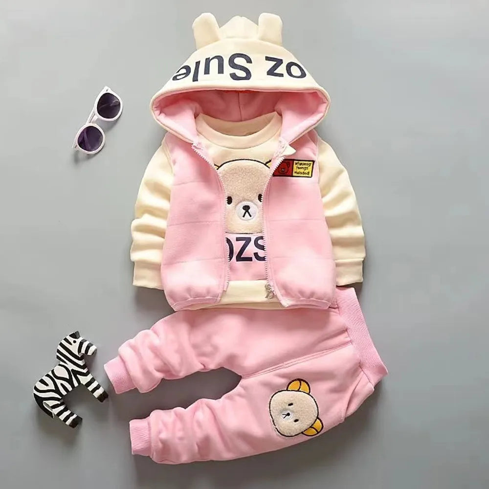 Maxy New Autumn Winter Baby Girl Clothes Children Boys Thickened Hooded Vest T-Shirt Pants 3Pcs/Sets Toddler Costume Kids Tracksuits