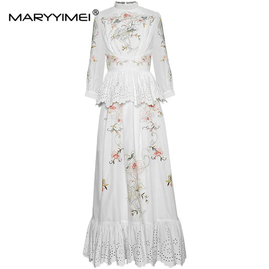 Maxy Fashion Designer dress Spring Autumn Women's Dress Stand collar Flowers Embroidery Hollow out Ruffles Dresses