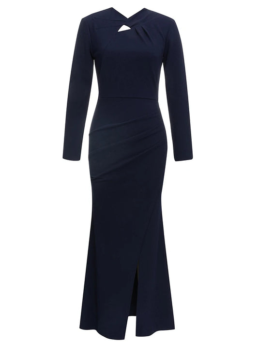 Maxy New Sexy Long Sleeve Hollow Out Long Dress Fall Women Dark Blue Split Slim Dresses Elegant Eveing Party Celebrity Gowns