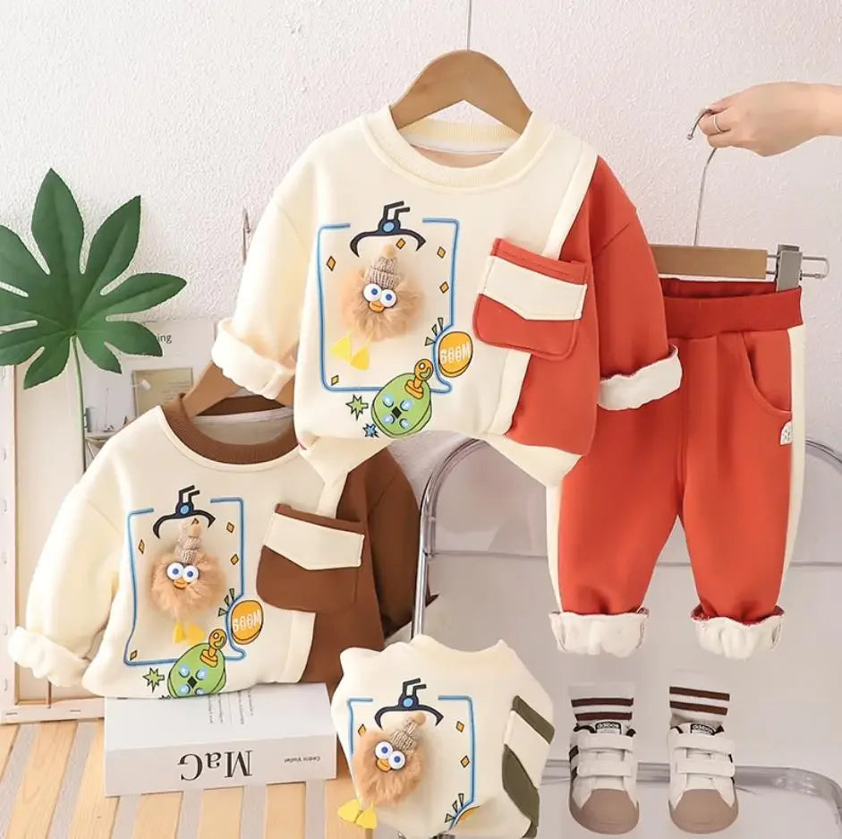 Toddler Infant Boys Outfits Autumn Winter Cartoon Patchwork Casual Fleece Sweatshirt And Pants Christmas Sets for Kids Clothes