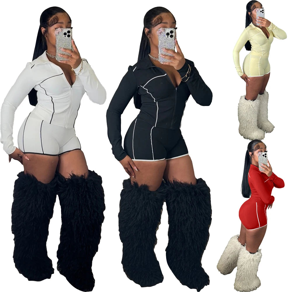 Women's 2-Piece Short Pants Sets Solid Color Women Tracksuit Winter Yoga Set Long Sleeve Gym Training Clothes Yoga Tight Jacket