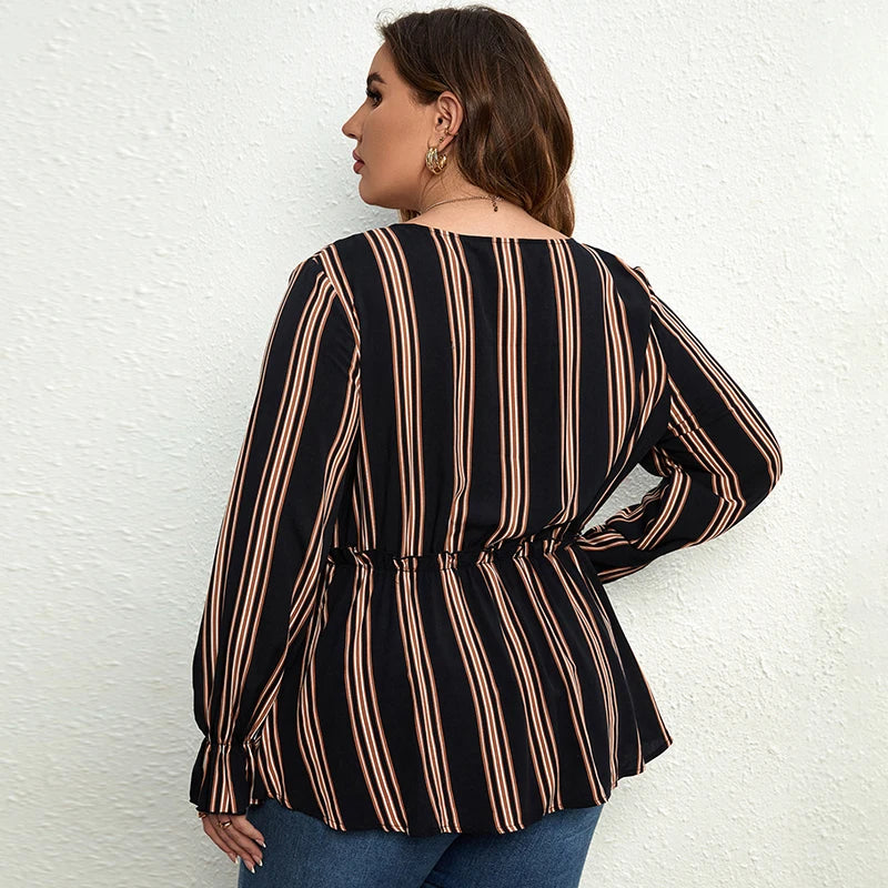 Maxy Women Plus Size Vintage Long Sleeve Tops Striped Print Wrap V-Neck Loose Ruffles Elastic Waist Peplum Blouses 3XL 4XL