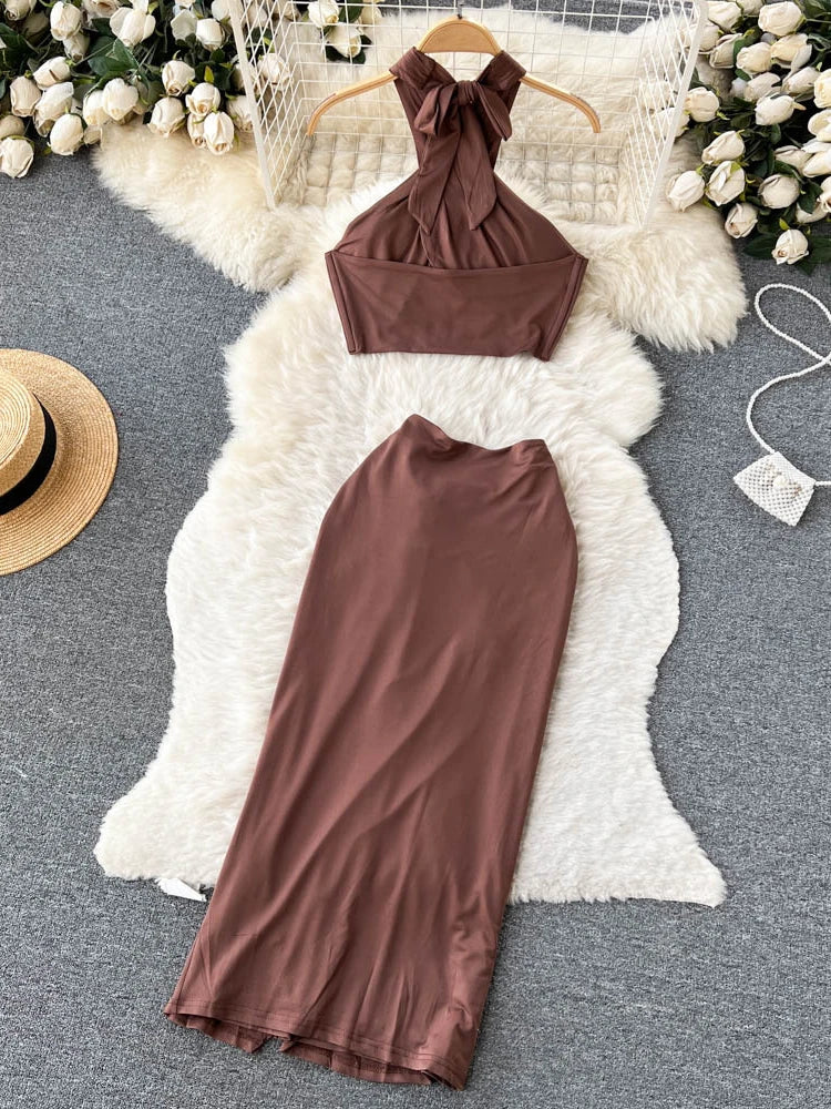 Maxy Summer Sexy Beach Two Piece Set Women Cross Necked Crop Top Split Mid Length Wrap Skirt Boho Brown Suits