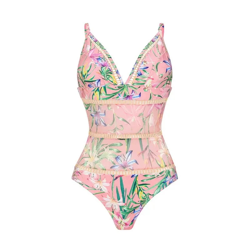 Maxy Women Swimwear Summer Floral Printed V-neck Swimsuit One-piece Bodysuit Bikini Set Beach Style Wear Maxy Dress Skirt Vacation