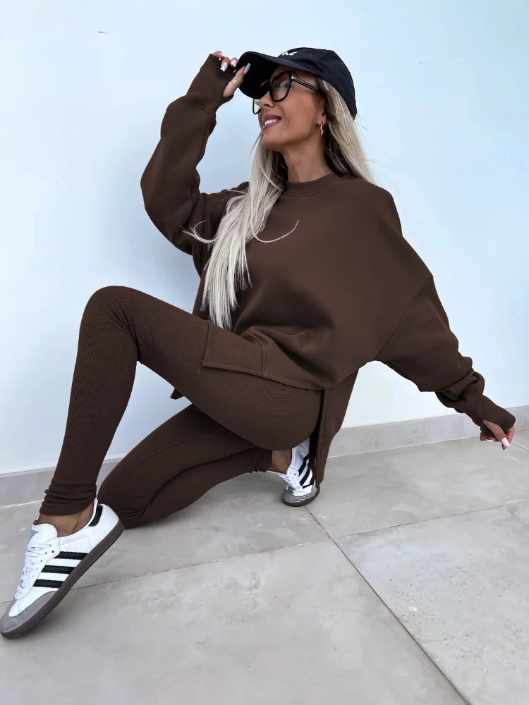 Maxy New in Women Tracksuit 2 Piece Sets Autumn Casual Oversized Sweatshirts Slit Fitness Slim High Waist Leggings Hoodie Set Female