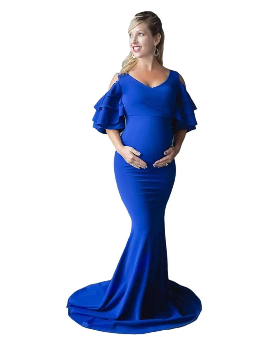 Maxy Maternity Long Dress Ruffles Off Shoulder Stretchy Sleeveless Pregnancy Dresses Slim Fitted Gown Photography Dress