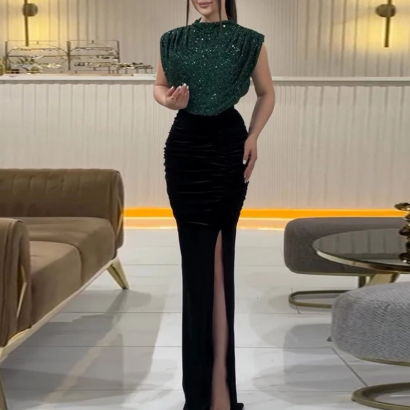 Maxy Lady Fashion Sleeveless Draped Split Dress Casual O Neck Sequin Splicing Party Dress New Year Elegant High Waist Long Dress