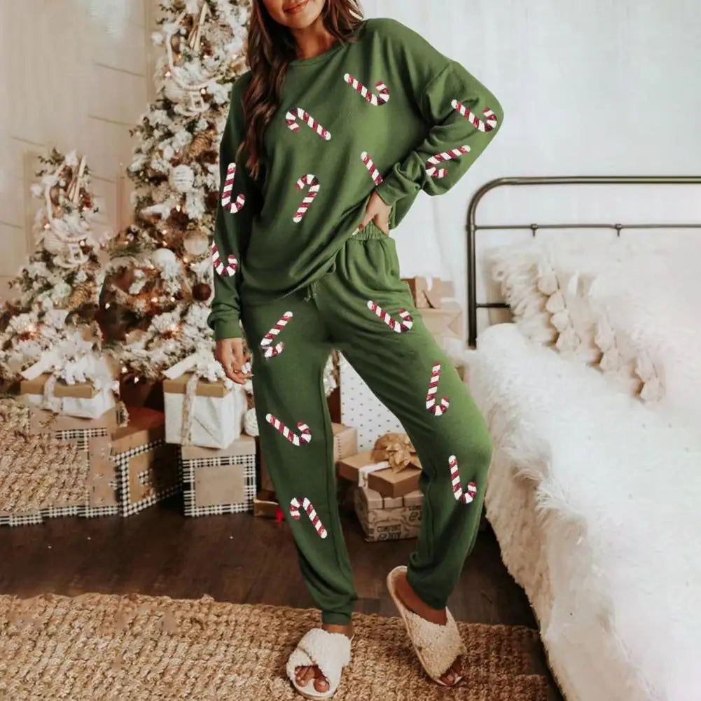 Maxy Women Christmas Suit Festive Holiday Pajama Set with Christmas Print Sequin Top Elastic Waist Pants for Women for New Year's