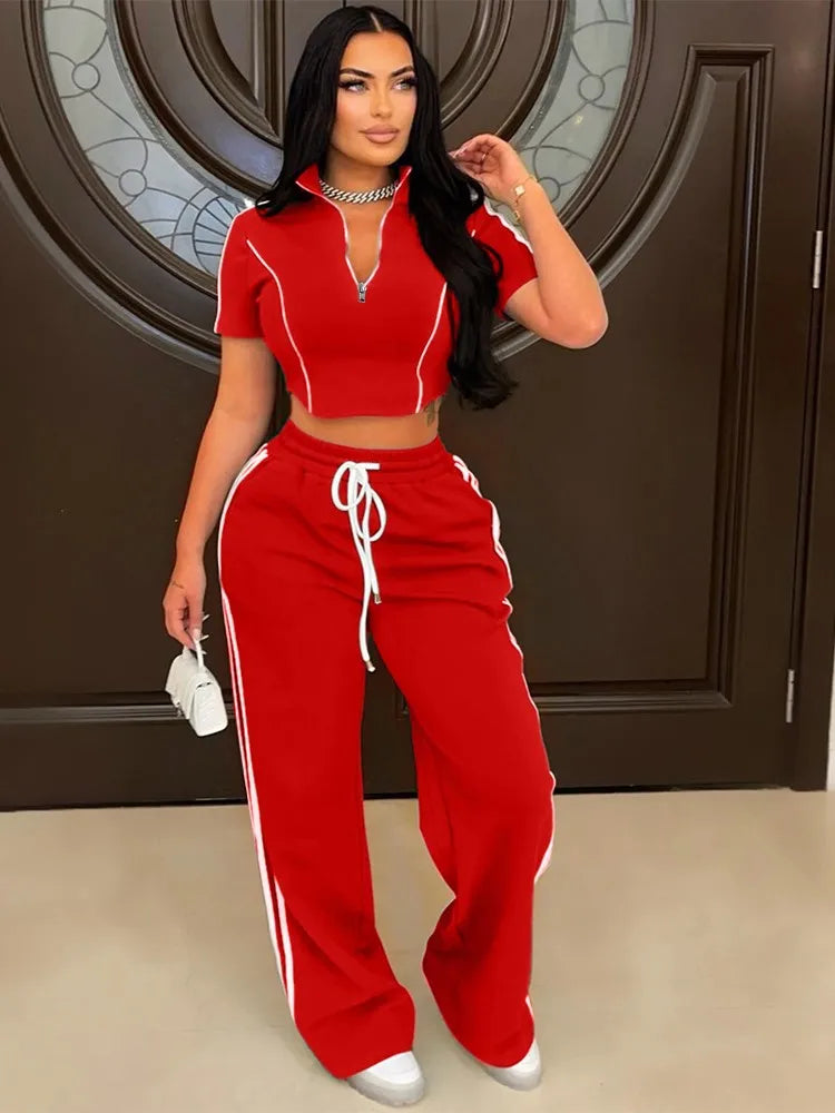 Maxy Fashion Casual Short Hoodie 2 Piece Women Summer Zipper Top Short Sleeved Sports T Shirt Stripe Splicing Long Pants Female Suit