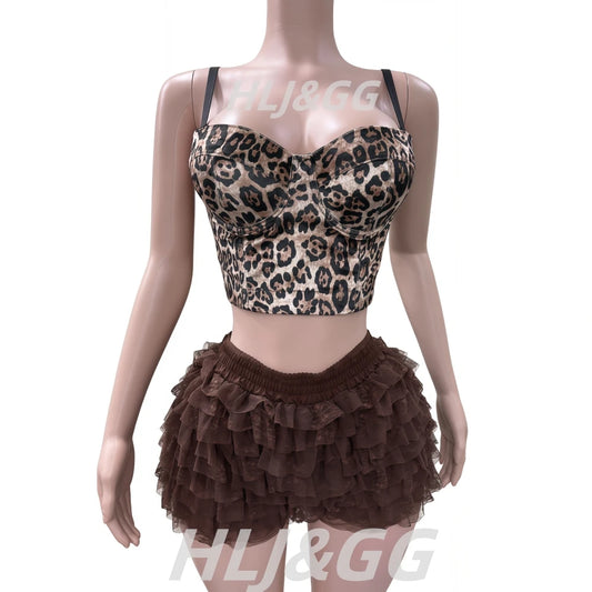 Maxy HLJ&GG Fashion Leopard Y2K Lace Ruched Skirts Shorts Two Piece Sets Women Spaghetti Strap Crop Tank Top And Mini Skirt Outfits