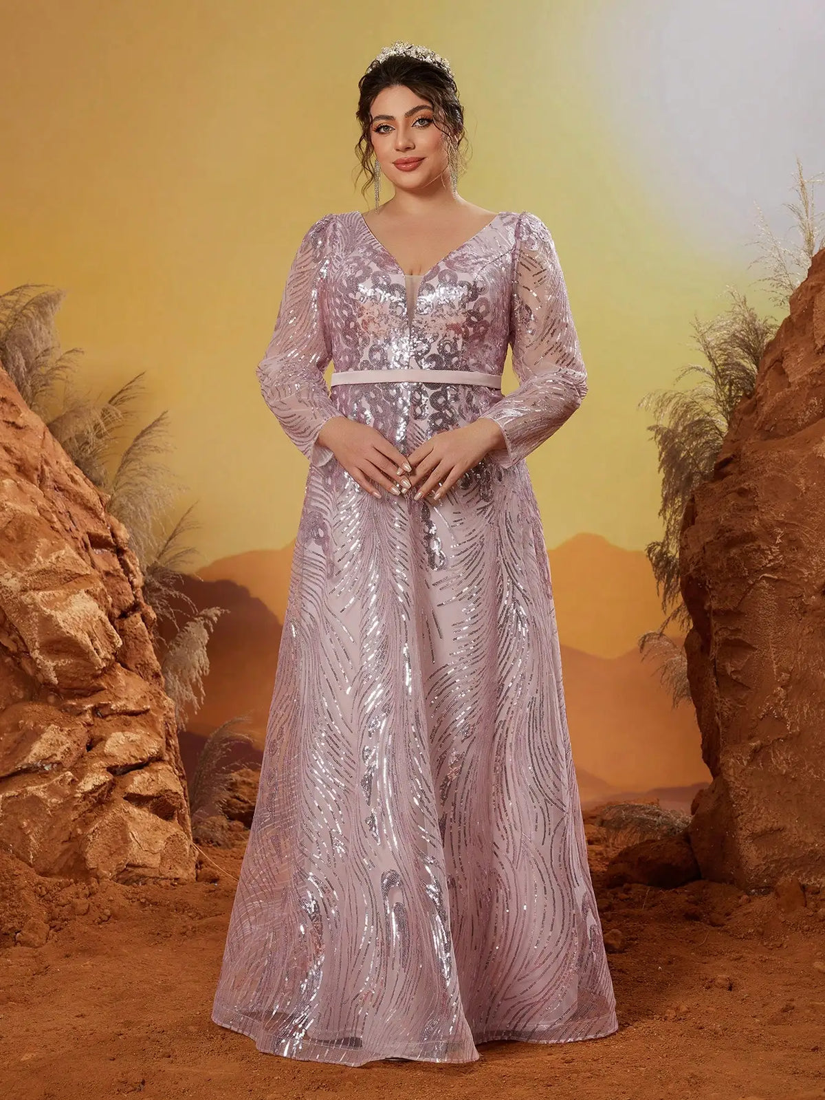 Maxy New Arrival V Neck Noble Large Size Evening Gown Dress Sequin Belt Long Dress