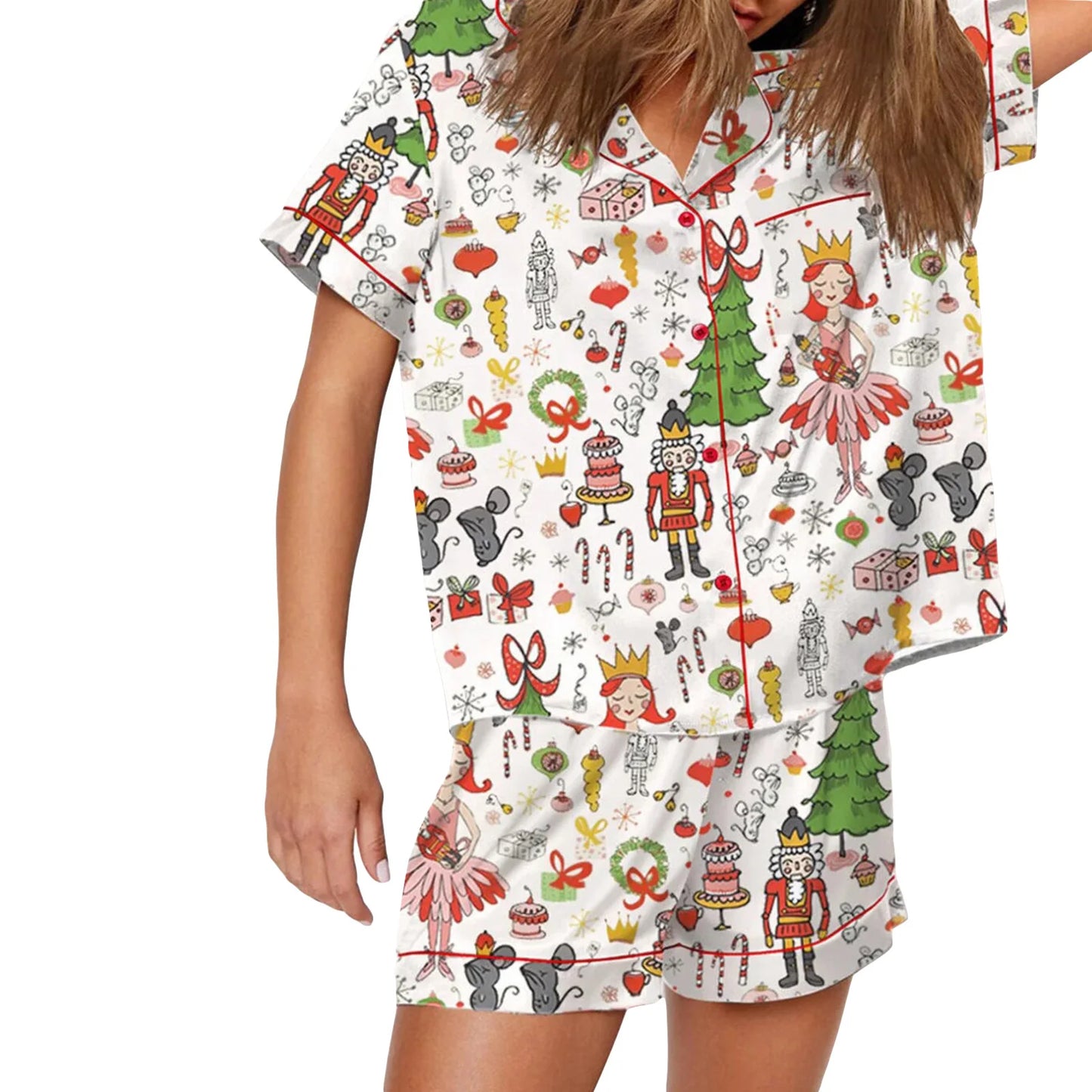 Women s Christmas Pajama Set Lapel Neck Short Sleeve Tops Elastic Waist Shorts Santa Claus Avatar Print Sleepwear Outfits